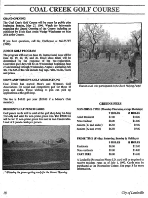 A flyer from the 1990s showing Coal Creek Golf Course details and green fees.