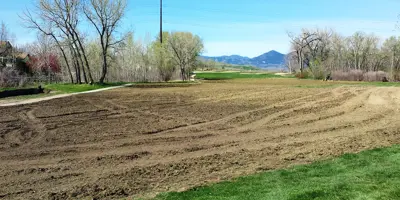 A field that is half grass and half empty dirt.