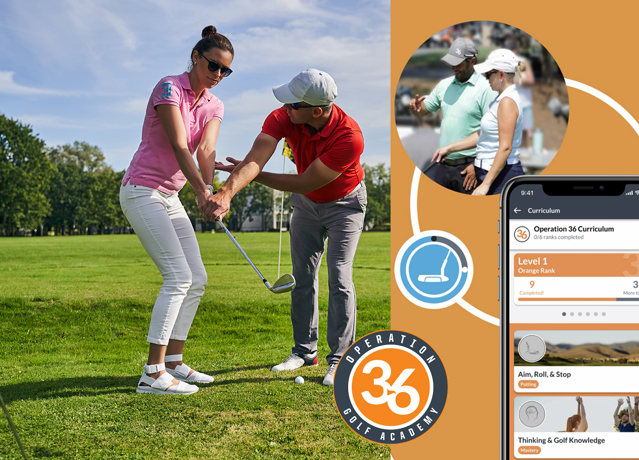 A man helps a woman with her golf swing, next to a mock up of a mobile app.
