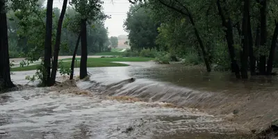 Flooded waters with trees on either side.